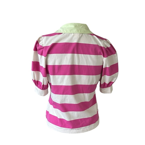 Maeve Anthropologie puff sleeve rugby Pink/White stripe polo top Green Collar S - Picture 3 of 8